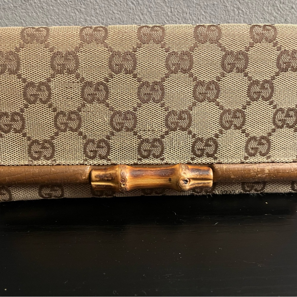 Gucci Monogram Beige and Brown Clutch with Bamboo Accent Collection